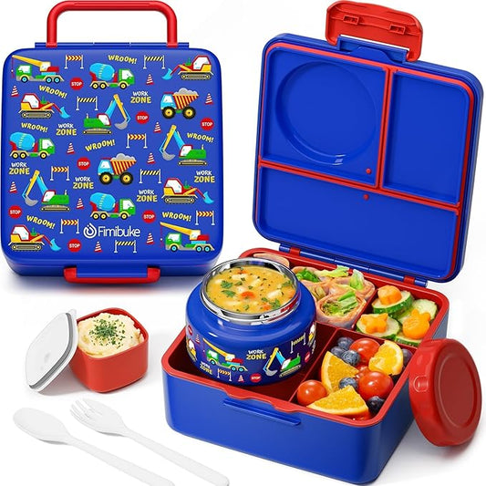 Fimibuke Bento Box for Kids with Thermos, 60OZ Bento Lunch Box Container with Leakproof 8OZ Insulated Food Jar, 3-4 Compartments, Sauce Jar, Utensils for Teens Toddler Adult, BPA-Free, Dishwasher Safe
