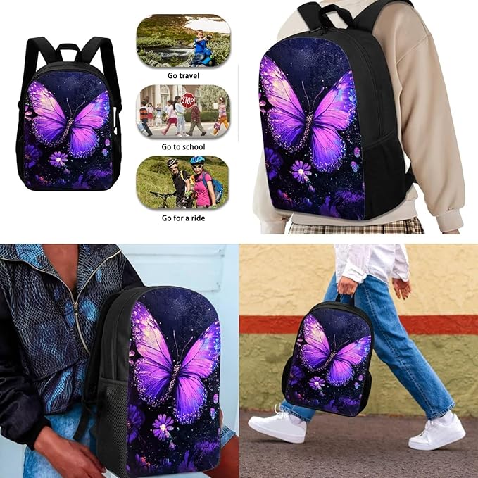 Dolyues Purple Butterfly Print Adorable Girl's Backpack Set – Includes 17-inch Stylish Student Backpack, Double-Shoulder Meal Bag for Daily Lunch, & Matching Pencil Case for School, Travel