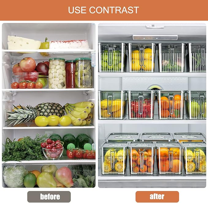 Loobuu 2 Pack Plastic Food Storage Produce Containers for Fridge, Stackable Lettuce Keeper for Refrigerator with Removable Drain Tray Keep Fresh for Vegetables/Fruit/Berry/Salad - 10'' x 5.3'' x 5.2''