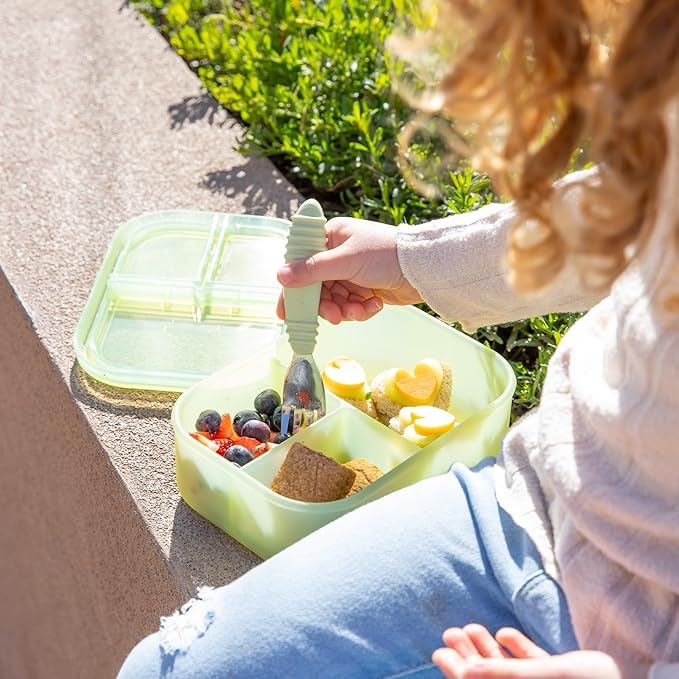 Bumkins Snack/Lunch Bento Box for Kids and Adults, 3 Compartment Container, Leak Proof Lid, for Portioning, Large Section Can Hold Sandwich, Food-Safe LFGB Platinum Silicone, Microwave-Safe, Green