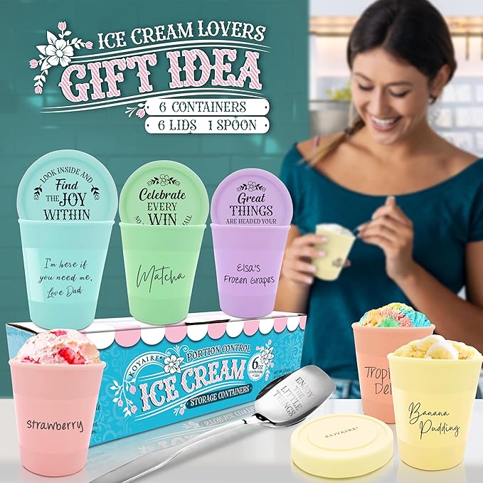 KOYAIRE Portion Control Ice Cream Containers for Homemade Ice Cream (6 oz. Each, 6 Pack), Airtight Food Storage Containers with Lids, Single Serving Mini Freezer Cups for Adults, Snack Size, Small