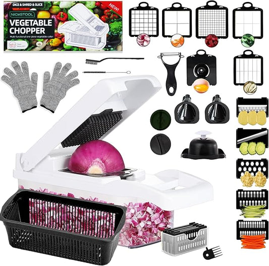 26-in-1 Vegetable Chopper with Container - Veggie Slicer, Kitchen Choppers & Dicer for Veggies With Cut Resistant Gloves & Cleaning Brushes, Heavy Duty Veggies Chopper - Black