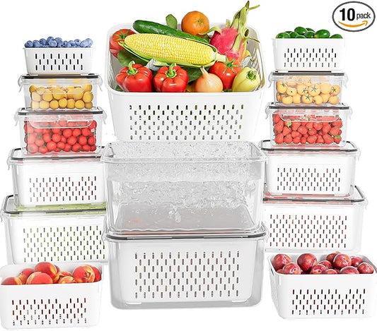 10 Pack Fruit Storage Containers for Fridge with Removable Colanders - Food Storage Containers with Lids, BPA-Free Produce Containers Keep Fruits, Vegetables, Berry, Meat Fresh Longer