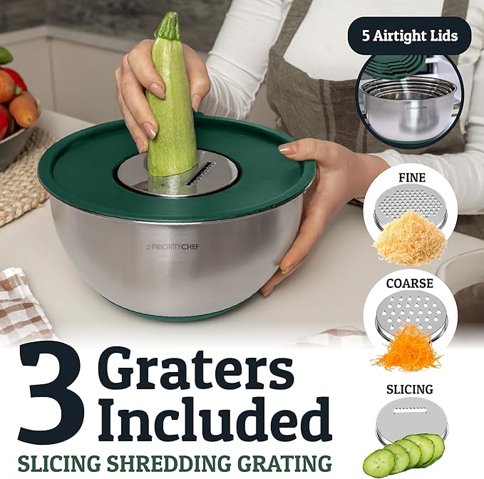 Priority Chef 28Pc Stainless Steel Mixing Bowls with Lids Set, Non-Slip Base, Air Tight Lids, 3 Graters and Utensil Set, Large Metal Nesting Bowls for Kitchen, Green