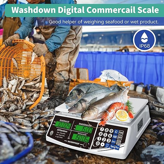 Waterproof Price Computing Scale IP68, 66lb Digital Commercial Food Meat Produce Weight Scale with Green LCD Display
