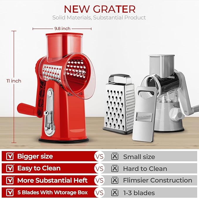 SUSTEAS Rotary Cheese Grater with Handle - Vegetable Shredder with 5 Well-designed Blades & Strong Suction Base,Round Mandoline Slicer & Food Chopper for Kitchen,with Blade Storage Box(Red)