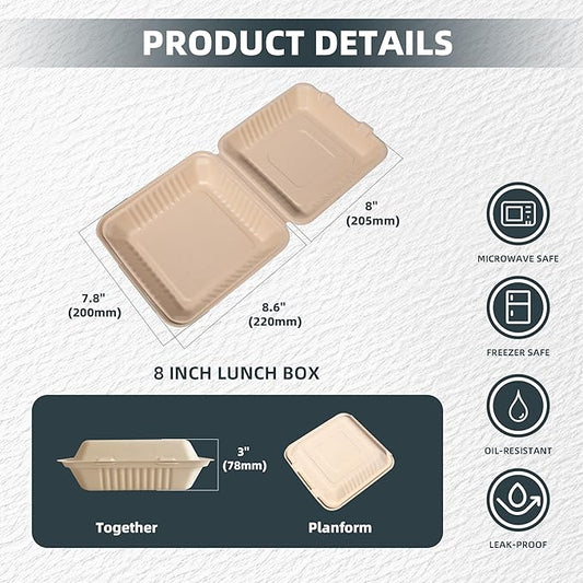 togo Containers Disposable - 50 Pcs 8" x 8" clamshell Take Out Food Containers 100% Compostable, White Biodegradable Meal Prep Box, To Go Containers with Lids for Food (1-Compartment)