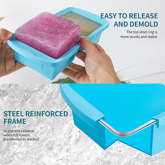 Silicone Freezer Tray with Lid 2 Pack Silicone Freezer Molds - Large Ice Cube Tray - Makes 4 Perfect 2 Cup Portions Soup Cubes Meal Prep Containers- Oven & Dishwasher Safe