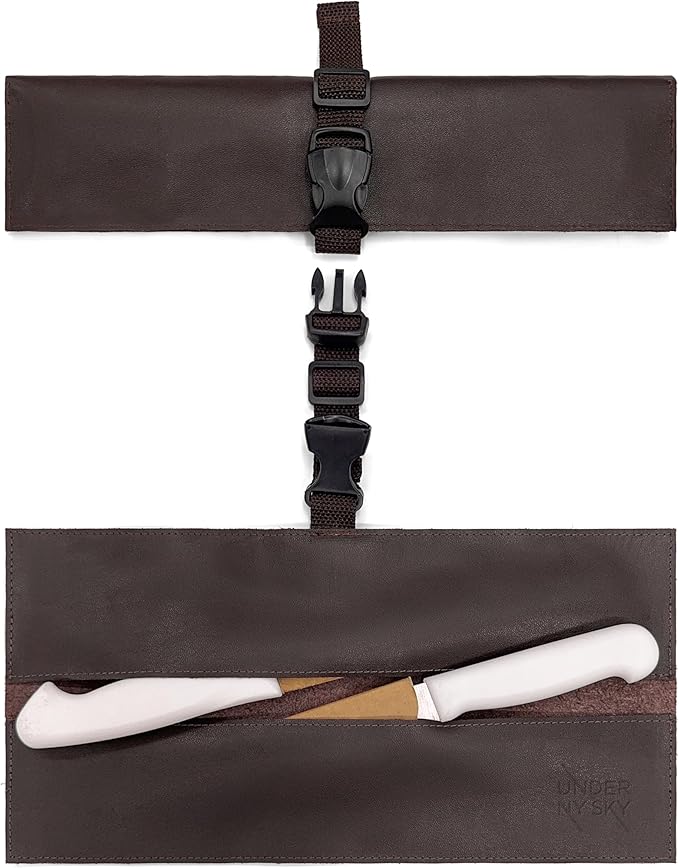 Under NY Sky Genuine Leather Knife Roll Case - 2 Slots - Real Leather Pouch - Portable Bag for Cooking Tools, Utensils, Cutlery Knives, Brushes - Chefs, Kitchen, Travel, Gift - Brown L