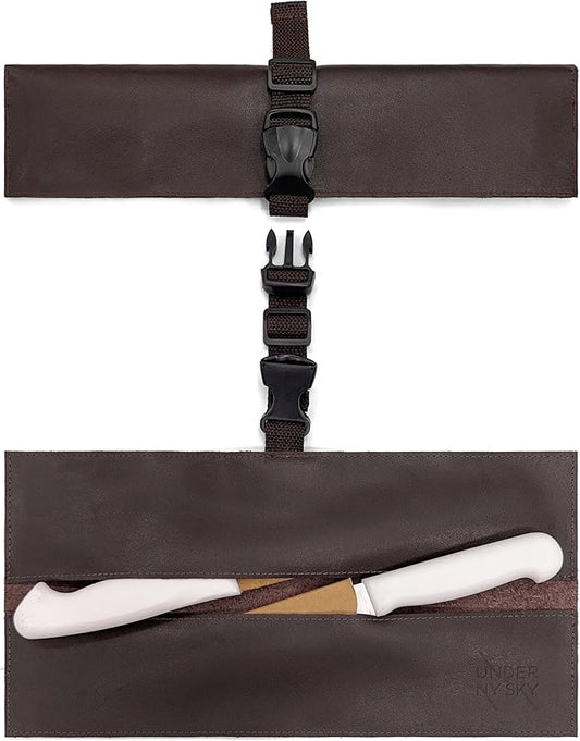 Under NY Sky Genuine Leather Knife Roll Case - 2 Slots - Real Leather Pouch - Portable Bag for Cooking Tools, Utensils, Cutlery Knives, Brushes - Chefs, Kitchen, Travel, Gift - Brown L