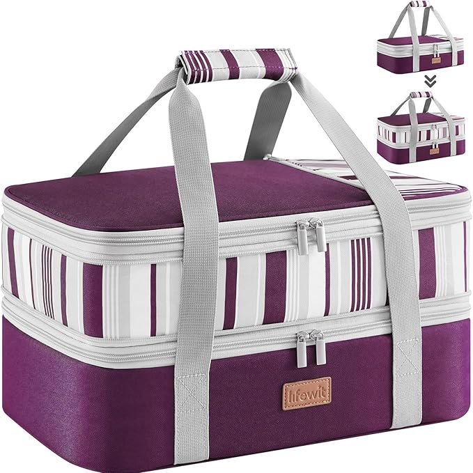 Lifewit Expandable Insulated Casserole Carrier for Hot or Cold Food, Double Decker Food Bag Lasagna Holder Carry Tote for Potluck Parties/Picnic/Cookouts, Fits 9"x13" Baking Dish, Purple
