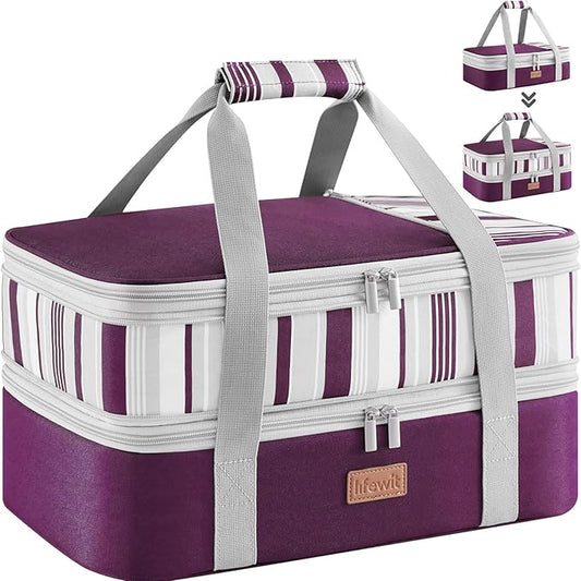 Lifewit Expandable Insulated Casserole Carrier for Hot or Cold Food, Double Decker Food Bag Lasagna Holder Carry Tote for Potluck Parties/Picnic/Cookouts, Fits 9"x13" Baking Dish, Purple