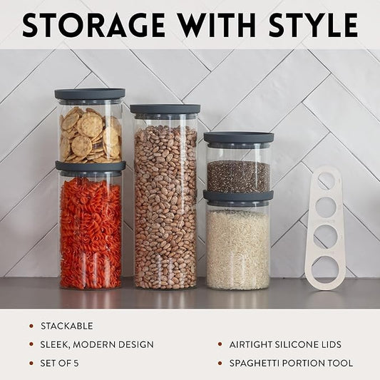 Glass Airtight Food Storage Containers with Silicone and Glass Lids – BPA-Free Jars and Canisters for Pasta Rice Flour, Dry or Wet Foods, Pantry Meal Prep – Set of 5 with Portion Tool