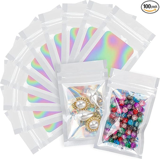 100 Pack Holographic Bags White Packaging Bags Mylar Bags with Window for Food Storage and Small Business(2.4×4Inch)