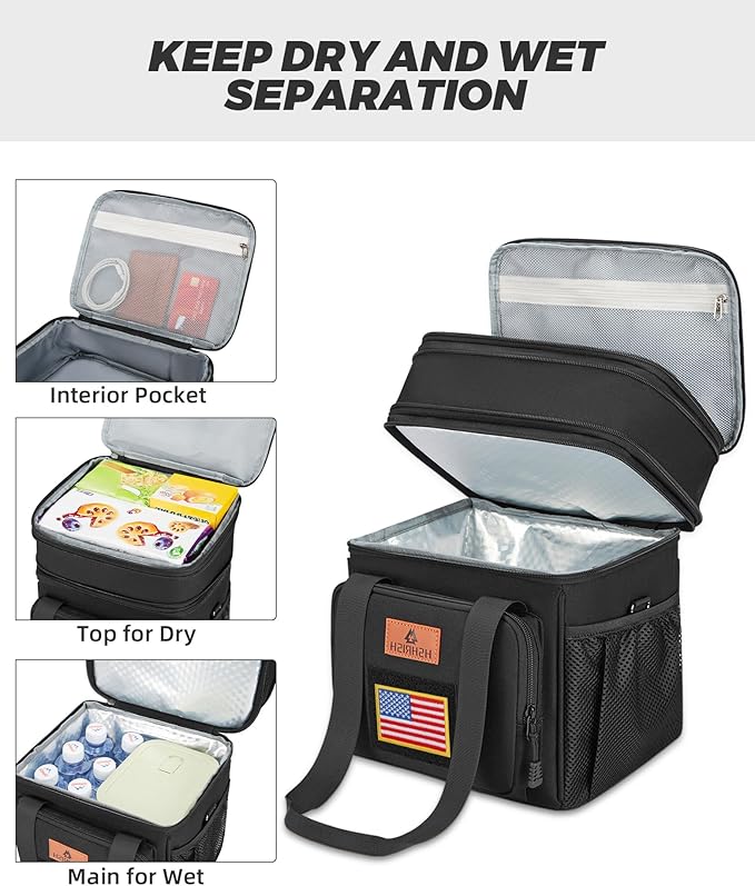 HSHRISH Expandable Tactical Lunch Box, Double Deck Large Insulated Lunch Bag for Men, Durable Leakproof Cooler Bag for Adult Work Shift Outdoor Trips, 20 Can/16 L, Black
