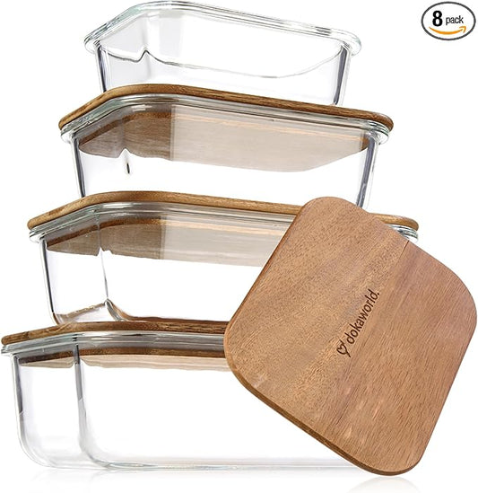 Glass Food Storage Containers With Acacia Lids – Glass Meal Prep Containers – Set of 4 Airtight Stackable Food Storage Kitchen Containers – Eco-Friendly Oven Safe Nesting Lunch Containers