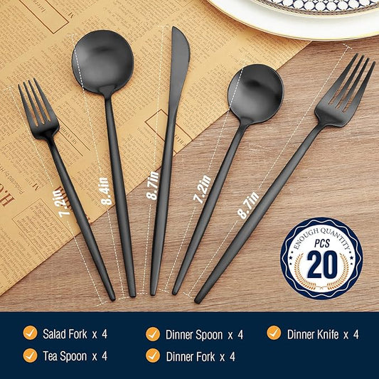 Black Silverware Set, 20 Piece Stainless Steel Flatware Set Service for 4, Matte Black Cutlery Set, Include Knives/Forks/Spoons, Dishwasher Safe