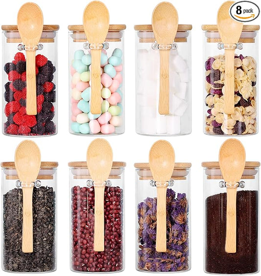 Set of 8 Glass Jars with Bamboo Lids and Spoons, 10 OZ Airtight Small Glass Tea Containers for Loose Tea, Coffee and Sugar Glass Container for Yogurt Jars with Lids