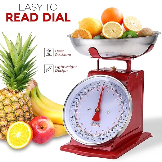 Alpine Cuisine Analog Kitchen Scale Red - Mechanical Kitchen Weighing Food Scale Weighs Up to 22 Lbs., Analog Food Scale for Kitchen - Measures in Grams and Ounces - Food Weight Scale