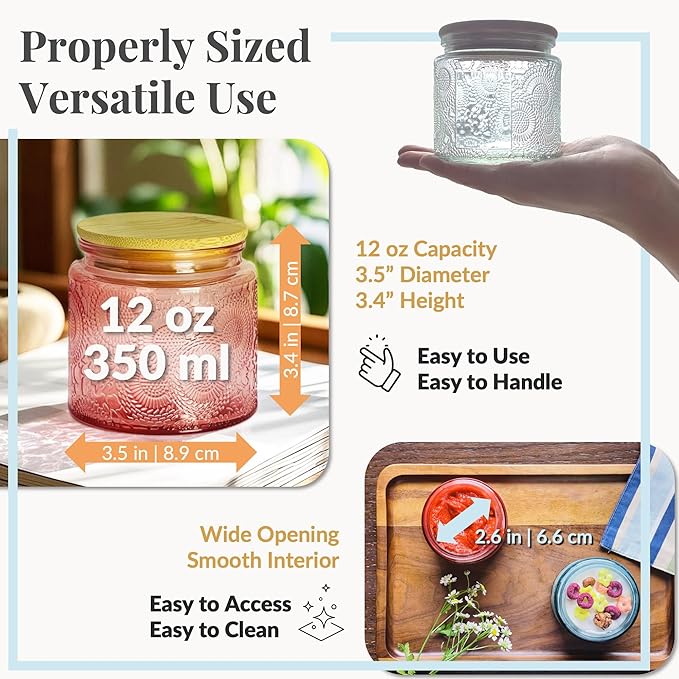12 oz Decorative Glass Storage Jars with Airtight Bamboo Lids - 8 Pack 4 Colors - Sunflower Embossed Spice, Candle & Home Organizer Set