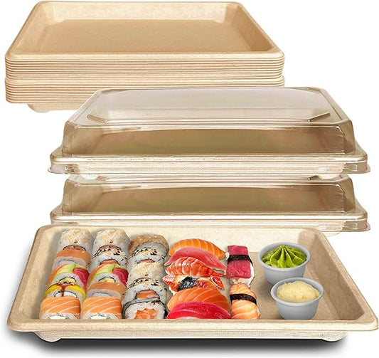 EcoQuality X-Large Compostable Sushi Trays with Lids - Natural Sugarcane Bagasse Take Out Sushi Container - Biodegradable, Disposable Sushi Plate with Lid, Eco Friendly, To go, Serving Tray (500)