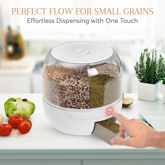 Grain and Rice Dispenser, 8 Quarts Rotating 360° Kitchen Dry Food Storage Container with 6 Compartments, Easy Disassembly for Cleaning, Compact Design