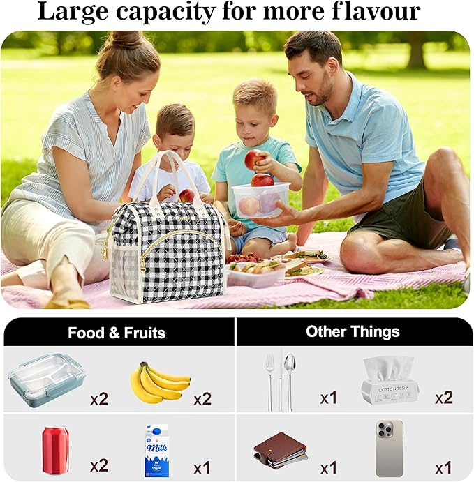 LOKASS Insulated Lunch Bag Women- Reusable 10 L Lunch Box for Women - Leakproof Tote Cooler Bag for Adults Work, Beach, Travel, Picnic （Black&White Diamond Grid）