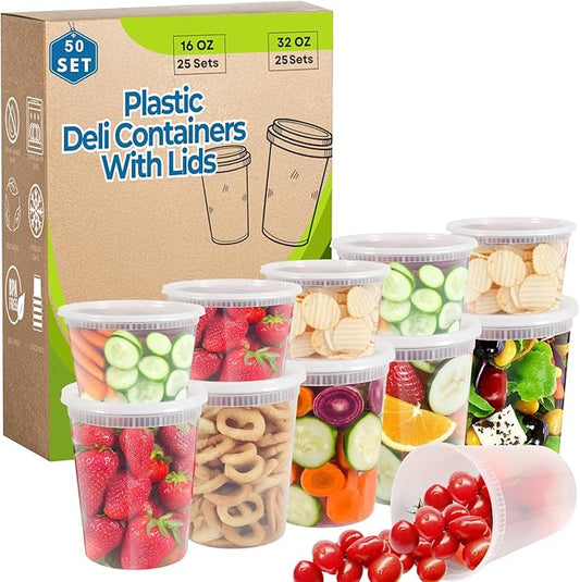 Blcculi 50 Set Deli Containers with Lids,Plastic Deli Food Storage Containers,Leakproof Soup Containers with Airtight Lids,Stackable,Dishwasher,Microwave Safe (16oz-25Set, 32oz-25 Set)