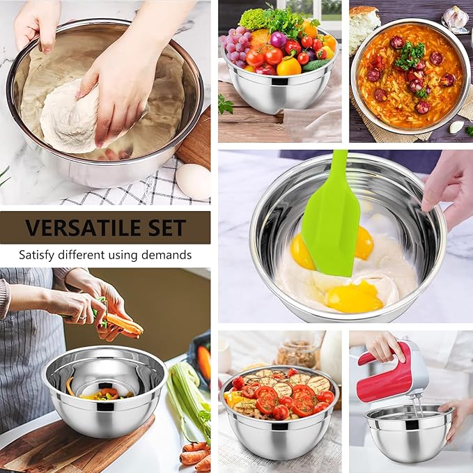 P&P CHEF Mixing Bowl with Lid Set, Stainless Steel Nesting Salad Bowls for Cooking Serving Prepping, Clear Lids & Stackable Design, Size 4.6, 3.5, 3, 2, 1.5, 1, 0.7 Qt - Khaki, Set of 7