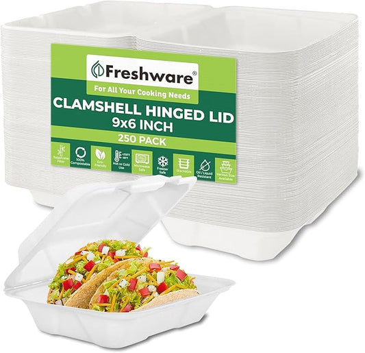 Freshware Compostable Clamshell Food Containers [9x6" 250-Pack] Disposable To Go Containers, Biodegradable Sugarcane To Go Boxes - Heavy Duty Paper Containers - Microwave & Freezer Safe, Stackable