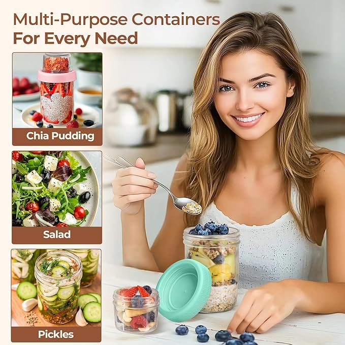 ComSaf 2-Pack 16 oz Overnight Oats Containers with Lids, Dual-Laryer Chia Pudding Jars with Dry and Wet Separation, Yogurt Parfait Cups for Oatmeal Cereal Nut Fruit, Meal Prep Glass Jars for Salad