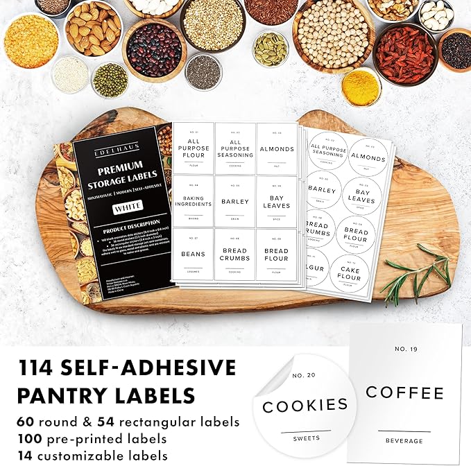 Square Glass Storage Containers with Bamboo Lids 12-Pack (4x 30 oz, 8x 17 oz) Airtight Storage Jars with Lids for Food, Stackable Kitchen Canisters with 114 Labels for Pantry [Thicker Glass 3mm]