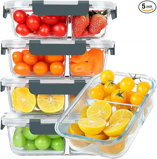 30 oz 5 Pack Glass Meal Prep Containers 2 Compartments, Glass Food Storage Containers with Lids, Airtight Lunch Box, Microwave, Oven and Freezer Safe