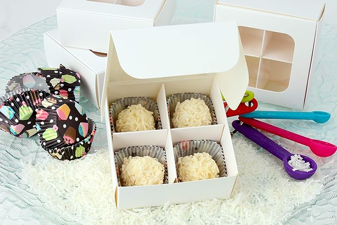 Treat boxes with window and dividers | 4 X-SMALL compartments | 3.5 x 3.5 x 1.57 in | Empty candy boxes for gift giving, truffle box - perfect for Valentine's Day | 20-pack (White)