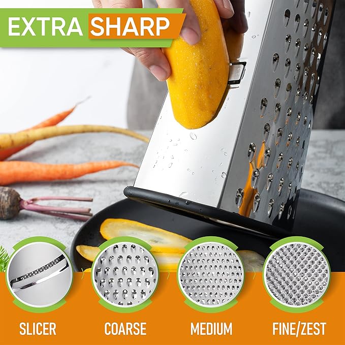 Spring Chef Professional Box Grater, Large & Stainless Steel Measuring Cups and Spoons, Round, Set of 15-2 Product Bundle
