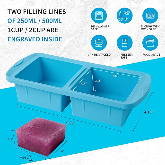 Silicone Freezer Tray with Lid 2 Pack Silicone Freezer Molds - Large Ice Cube Tray - Makes 4 Perfect 2 Cup Portions Soup Cubes Meal Prep Containers- Oven & Dishwasher Safe