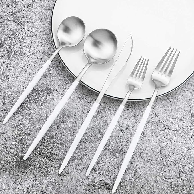 5-Piece Matte Silver Stainless Steel Satin Finish Flatware Set - Dishwasher Safe, Perfect for Camping, Office Lunch or Home Use