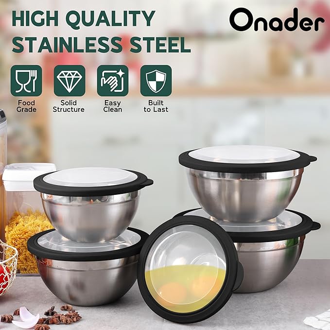 Stainless Steel Mixing Bowls with Black Lids Metal Nesting Mixing Bowl Set of 5 - Size 1.5, 2, 2.6, 3.5, 4.6QT