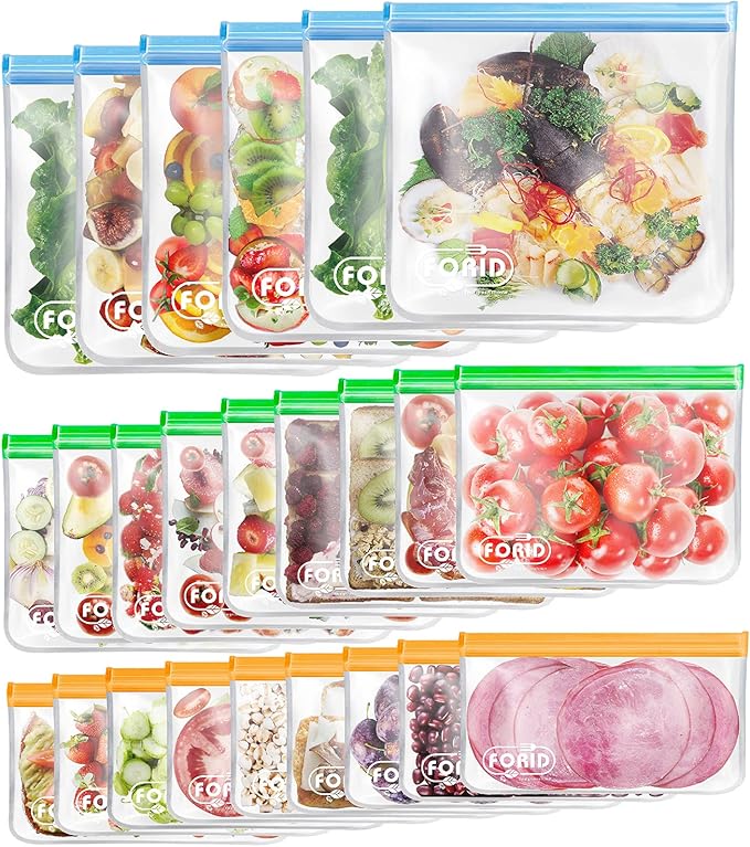 24 Pack Reusable Food Storage Bags - Non Plastic & Silicone Gallon Freezer Bags Sandwich Snack Resealable Lunch Bags Extra Thick Leakproof for Marinate Food & Fruit Cereal Travel Items Home Kitchen