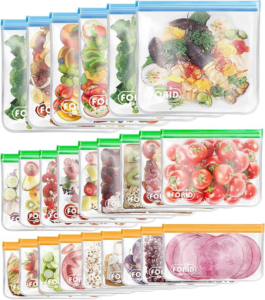 24 Pack Reusable Food Storage Bags - Non Plastic & Silicone Gallon Freezer Bags Sandwich Snack Resealable Lunch Bags Extra Thick Leakproof for Marinate Food & Fruit Cereal Travel Items Home Kitchen