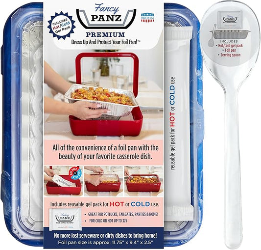 Fancy Panz Premium, Serving Tray for Food, Made in The USA Foil Pan Carrier, Stackable Aluminum Pan Holders, Travel Casserole Carrier, Blue Marble