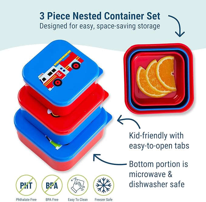 Wildkin Nesting Food Containers for Kids – Stackable, Airtight & Dishwasher Safe - Set of 3 - Heroes