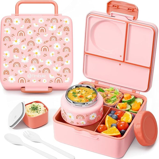 Fimibuke Bento Box for Kids with Thermos, 60OZ Bento Lunch Box Container with Leakproof 8OZ Insulated Food Jar, 3-4 Compartments, Sauce Jar, Utensils for Teens Toddler Adult, BPA-Free, Dishwasher Safe