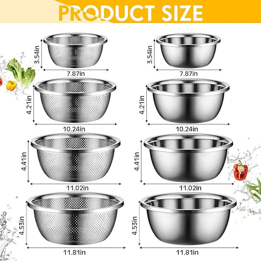 Uiifan 8 Pcs Stainless Steel Mixing Bowl with Stainless Steel Colander Rice Washing Colander Bowl Set Nesting Bowls for Washing Draining Storage(1.8/3.9/4.9/6.6 QT)