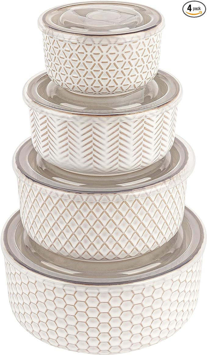 KooK Ceramic Nesting Bowls, with Lids, Serving, Set of 4, Embossed, Kitchen, Prep, Mix, Gift, Microwave and Dishwasher Safe, 10/16/29/47 oz, Narbonne Collection (Ivory)