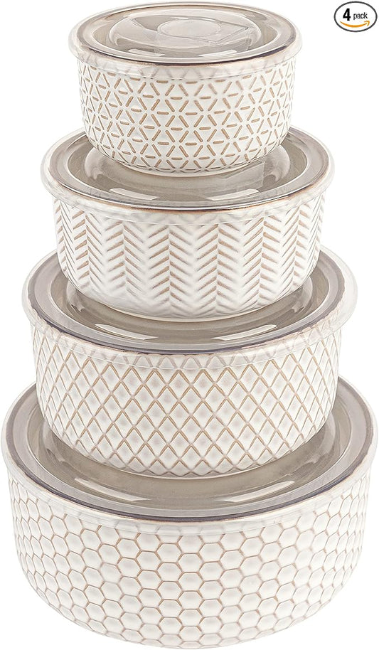 KooK Ceramic Nesting Bowls, with Lids, Serving, Set of 4, Embossed, Kitchen, Prep, Mix, Gift, Microwave and Dishwasher Safe, 10/16/29/47 oz, Narbonne Collection (Ivory)