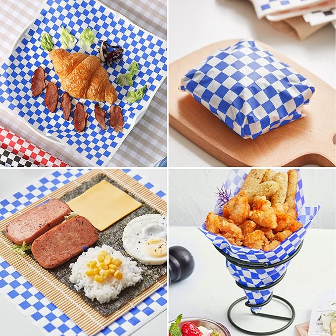 GeeRic Waxed Deli Paper Sheets 12 * 12 Inch, 200 Pcs Food Basket Liners for Sandwiches, Burgers, Checkered Deli Wrap Wax Paper Sheets Blue
