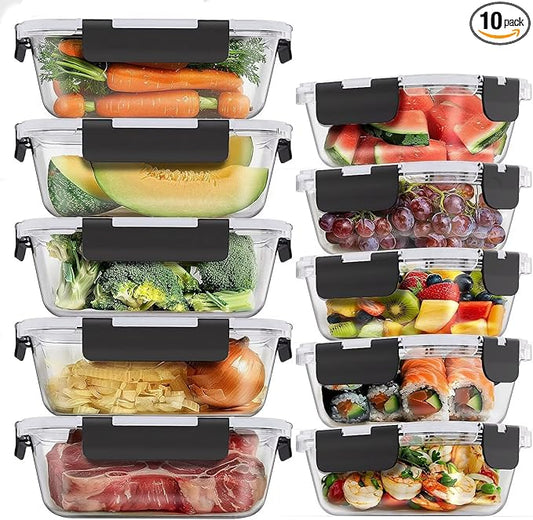 Glass Food Storage Containers 10 Pack, Glass Meal Prep Containers with Snap Lock Leakproof Lids, Reusable Microwave safe BPA-free Lunch Boxes (10 Containers & 10 Lids) 1040ml & 370ml