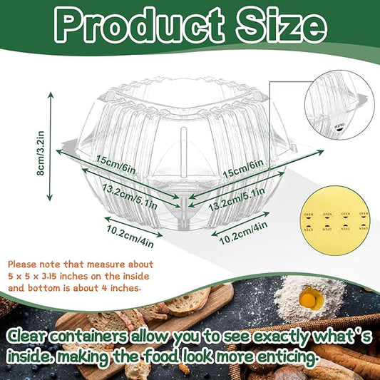 200 Pack Clear Clamshell Food Containers, Disposable Food Containers with Lids, 6 x 6 Inch Hinged Plastic To Go Containers for Dessert, Cake, Salad, Bakery Supplies - With sealing sticker