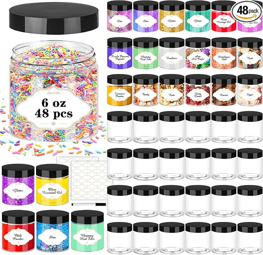 Plastic Jars with Lids, 48 Pcs 6 OZ Slime Containers with Screw On Lids Clear Round Plastic Storage Jars Refillable Container Jar for Travel Storage Home Kitchen Food